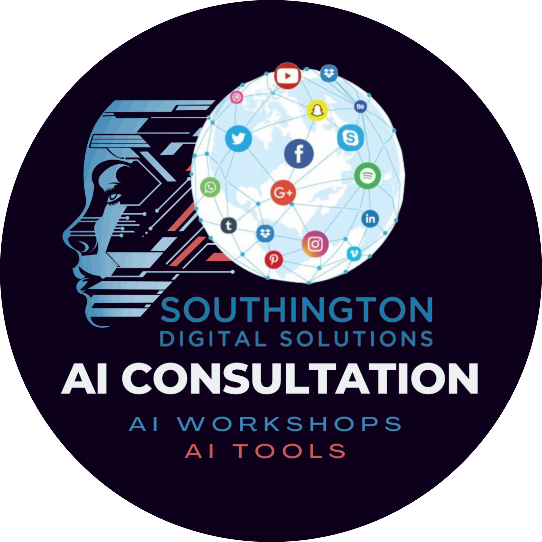 Logo for Southington Digital Solutions featuring a stylized side profile of a face in blue with digital lines, a globe surrounded by social media icons, and text reading 'Southington Digital Solutions - AI Consultation - AI Workshops - AI Tools.